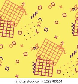 Vintage Memphis Texture. Seamless Background for Card, Print, Textile in Trendy Style. Bright Geometric Pattern with Hand Drawn Scribble Elements. Colorful Triangles, Rings, Zigzags and Dots.
