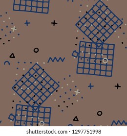Vintage Memphis Texture. Seamless Background for Card, Banner, Cover in Trendy Style. Bright Geometric Pattern with Hand Drawn Scribble Elements. Colorful Triangles, Rings, Zigzags and Dots.