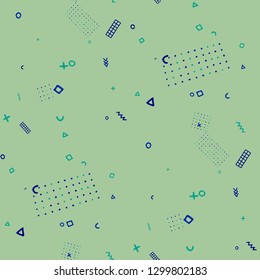 Vintage Memphis Texture. Seamless Background for Card, Banner, Cover in Trendy Style. Colorful Geometric Pattern with Hand Drawn Scribble Elements. Colorful Triangles, Rings, Zigzags and Dots.