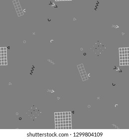 Vintage Memphis Texture. Seamless Background for Wallpaper, Calico, Textile in Trendy Style. Bright Geometric Pattern with Hand Drawn Scribble Elements. Colorful Triangles, Rings, Zigzags and Dots.