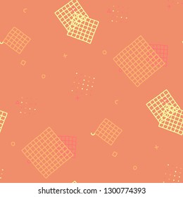 Vintage Memphis Texture. Seamless Background for Banner, Poster, Cloth in Trendy Style. Colorful Geometric Pattern with Hand Drawn Scribble Elements. Colorful Triangles, Rings, Zigzags and Dots.