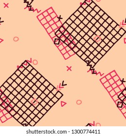 Vintage Memphis Texture. Seamless Background for Card, Print, Textile in Trendy Style. Colorful Geometric Pattern with Hand Drawn Scribble Elements. Colorful Triangles, Rings, Zigzags and Dots.