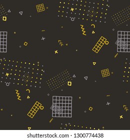 Vintage Memphis Texture. Seamless Background for Card, Print, Textile in Trendy Style. Colorful Geometric Pattern with Hand Drawn Scribble Elements. Colorful Triangles, Rings, Zigzags and Dots.