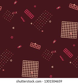 Vintage Memphis Texture. Seamless Background for Chintz, Cotton, Swimwear in Trendy Style. Bright Geometric Pattern with Hand Drawn Scribble Elements. Colorful Triangles, Rings, Zigzags and Dots.
