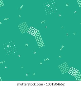 Vintage Memphis Texture. Seamless Background for Card, Banner, Cover in Trendy Style. Bright Geometric Pattern with Hand Drawn Scribble Elements. Colorful Triangles, Rings, Zigzags and Dots.