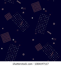 Vintage Memphis Texture. Seamless Background for Wallpaper, Fabric, Cloth in Trendy Style. Bright Geometric Pattern with Hand Drawn Scribble Elements. Colorful Triangles, Rings, Zigzags and Dots.