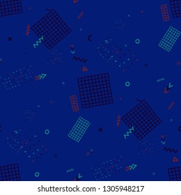 Vintage Memphis Texture. Seamless Background for Banner, Poster, Cloth in Trendy Style. Colorful Geometric Pattern with Hand Drawn Scribble Elements. Colorful Triangles, Rings, Zigzags and Dots.