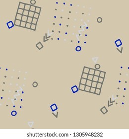 Vintage Memphis Texture. Seamless Background for Wallpaper, Calico, Textile in Trendy Style. Bright Geometric Pattern with Hand Drawn Scribble Elements. Colorful Triangles, Rings, Zigzags and Dots.