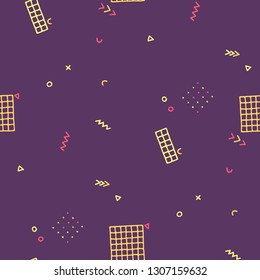 Vintage Memphis Texture. Seamless Background for Card, Print, Textile in Trendy Style. Colorful Geometric Pattern with Hand Drawn Scribble Elements. Colorful Triangles, Rings, Zigzags and Dots.