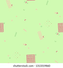 Vintage Memphis Texture. Seamless Background for Wallpaper, Calico, Fabric in Trendy Style. Bright Geometric Pattern with Hand Drawn Scribble Elements. Colorful Triangles, Rings, Zigzags and Dots.
