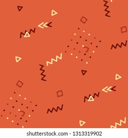 Vintage Memphis Texture. Seamless Background for Card, Print, Textile in Trendy Style. Bright Geometric Pattern with Hand Drawn Scribble Elements. Colorful Triangles, Rings, Zigzags and Dots.