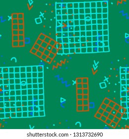 Vintage Memphis Texture. Seamless Background for Wallpaper, Print, Textile in Trendy Style. Bright Geometric Pattern with Hand Drawn Scribble Elements. Colorful Triangles, Rings, Zigzags and Dots.