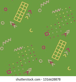 Vintage Memphis Texture. Seamless Background for Banner, Poster, Cover in Trendy Style. Colorful Geometric Pattern with Hand Drawn Scribble Elements. Colorful Triangles, Rings, Zigzags and Dots.