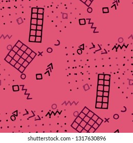 Vintage Memphis Texture. Seamless Background for Banner, Poster, Cloth in Trendy Style. Bright Geometric Pattern with Hand Drawn Scribble Elements. Colorful Triangles, Rings, Zigzags and Dots.