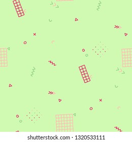 Vintage Memphis Texture. Seamless Background for Wallpaper, Fabric, Cloth in Trendy Style. Colorful Geometric Pattern with Hand Drawn Scribble Elements. Colorful Triangles, Rings, Zigzags and Dots.