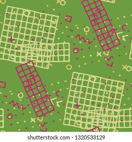 Vintage Memphis Texture. Seamless Background for Banner, Fabric, Cloth in Trendy Style. Colorful Geometric Pattern with Hand Drawn Scribble Elements. Colorful Triangles, Rings, Zigzags and Dots.