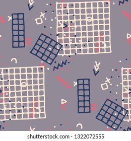 Vintage Memphis Texture. Seamless Background for Wallpaper, Calico, Textile in Trendy Style. Bright Geometric Pattern with Hand Drawn Scribble Elements. Colorful Triangles, Rings, Zigzags and Dots.