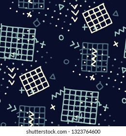 Vintage Memphis Texture. Seamless Background for Card, Print, Textile in Trendy Style. Bright Geometric Pattern with Hand Drawn Scribble Elements. Colorful Triangles, Rings, Zigzags and Dots.