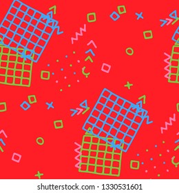 Vintage Memphis Texture. Seamless Background for Card, Banner, Cover in Trendy Style. Bright Geometric Pattern with Hand Drawn Scribble Elements. Colorful Triangles, Rings, Zigzags and Dots.