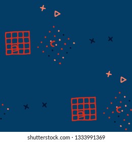 Vintage Memphis Texture. Seamless Background for Card, Poster, Cover in Trendy Style. Bright Geometric Pattern with Hand Drawn Scribble Elements. Colorful Triangles, Rings, Zigzags and Dots.