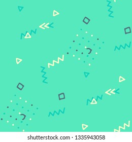 Vintage Memphis Texture. Seamless Background for Card, Banner, Cover in Trendy Style. Colorful Geometric Pattern with Hand Drawn Scribble Elements. Colorful Triangles, Rings, Zigzags and Dots.