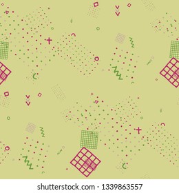 Vintage Memphis Texture. Seamless Background for Card, Banner, Cover in Trendy Style. Bright Geometric Pattern with Hand Drawn Scribble Elements. Colorful Triangles, Rings, Zigzags and Dots.