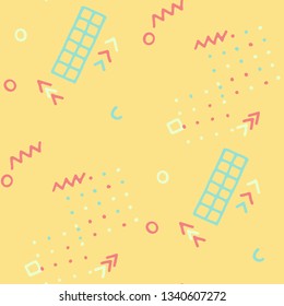 Vintage Memphis Texture. Seamless Background for Chintz, Cotton, Fabric in Trendy Style. Bright Geometric Pattern with Hand Drawn Scribble Elements. Colorful Triangles, Rings, Zigzags and Dots.