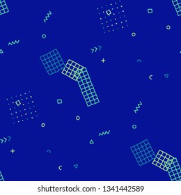 Vintage Memphis Texture. Seamless Background for Banner, Poster, Cover in Trendy Style. Colorful Geometric Pattern with Hand Drawn Scribble Elements. Colorful Triangles, Rings, Zigzags and Dots.