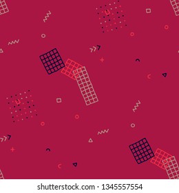 Vintage Memphis Texture. Seamless Background for Chintz, Cotton, Swimwear in Trendy Style. Bright Geometric Pattern with Hand Drawn Scribble Elements. Colorful Triangles, Rings, Zigzags and Dots.