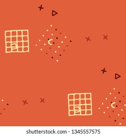 Vintage Memphis Texture. Seamless Background for Card, Print, Textile in Trendy Style. Colorful Geometric Pattern with Hand Drawn Scribble Elements. Colorful Triangles, Rings, Zigzags and Dots.