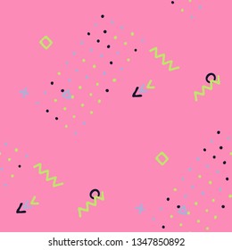 Vintage Memphis Texture. Seamless Background for Banner, Fabric, Cloth in Trendy Style. Colorful Geometric Pattern with Hand Drawn Scribble Elements. Colorful Triangles, Rings, Zigzags and Dots.