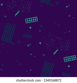 Vintage Memphis Texture. Seamless Background for Wallpaper, Cotton, Swimwear in Trendy Style. Colorful Geometric Pattern with Hand Drawn Scribble Elements. Colorful Triangles, Rings, Zigzags and Dots.