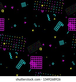 Vintage Memphis Texture. Seamless Background for Banner, Poster, Cover in Trendy Style. Bright Geometric Pattern with Hand Drawn Scribble Elements. Colorful Triangles, Rings, Zigzags and Dots.