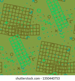 Vintage Memphis Texture. Seamless Background for Banner, Fabric, Cloth in Trendy Style. Bright Geometric Pattern with Hand Drawn Scribble Elements. Colorful Triangles, Rings, Zigzags and Dots.