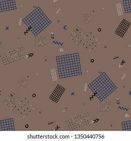 Vintage Memphis Texture. Seamless Background for Banner, Poster, Cover in Trendy Style. Bright Geometric Pattern with Hand Drawn Scribble Elements. Colorful Triangles, Rings, Zigzags and Dots.