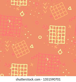 Vintage Memphis Texture. Seamless Background for Card, Print, Textile in Trendy Style. Colorful Geometric Pattern with Hand Drawn Scribble Elements. Colorful Triangles, Rings, Zigzags and Dots.