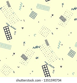 Vintage Memphis Texture. Seamless Background for Card, Poster, Cover in Trendy Style. Bright Geometric Pattern with Hand Drawn Scribble Elements. Colorful Triangles, Rings, Zigzags and Dots.