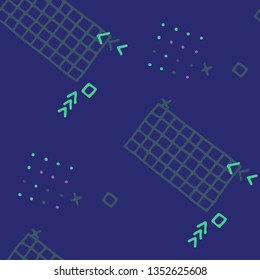 Vintage Memphis Texture. Seamless Background for Chintz, Cotton, Swimwear in Trendy Style. Colorful Geometric Pattern with Hand Drawn Scribble Elements. Colorful Triangles, Rings, Zigzags and Dots.
