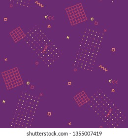 Vintage Memphis Texture. Seamless Background for Banner, Poster, Cover in Trendy Style. Bright Geometric Pattern with Hand Drawn Scribble Elements. Colorful Triangles, Rings, Zigzags and Dots.