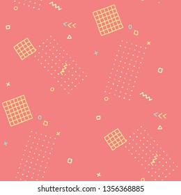 Vintage Memphis Texture. Seamless Background for Wallpaper, Fabric, Swimwear in Trendy Style. Bright Geometric Pattern with Hand Drawn Scribble Elements. Colorful Triangles, Rings, Zigzags and Dots.