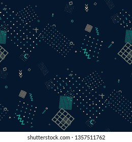 Vintage Memphis Texture. Seamless Background for Wallpaper, Calico, Textile in Trendy Style. Bright Geometric Pattern with Hand Drawn Scribble Elements. Colorful Triangles, Rings, Zigzags and Dots.