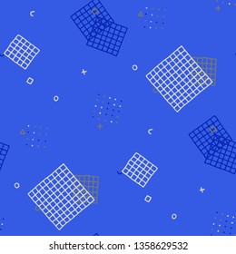 Vintage Memphis Texture. Seamless Background for Card, Print, Textile in Trendy Style. Bright Geometric Pattern with Hand Drawn Scribble Elements. Colorful Triangles, Rings, Zigzags and Dots.