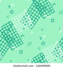 Vintage Memphis Texture. Seamless Background for Banner, Poster, Cloth in Trendy Style. Colorful Geometric Pattern with Hand Drawn Scribble Elements. Colorful Triangles, Rings, Zigzags and Dots.