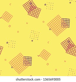 Vintage Memphis Texture. Seamless Background for Banner, Poster, Cover in Trendy Style. Bright Geometric Pattern with Hand Drawn Scribble Elements. Colorful Triangles, Rings, Zigzags and Dots.