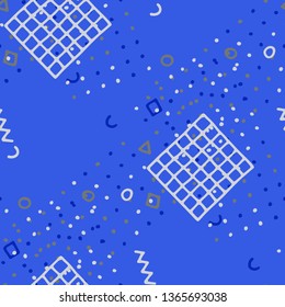 Vintage Memphis Texture. Seamless Background for Wallpaper, Fabric, Swimwear in Trendy Style. Colorful Geometric Pattern with Hand Drawn Scribble Elements. Colorful Triangles, Rings, Zigzags and Dots.