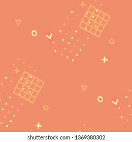 Vintage Memphis Texture. Seamless Background for Wallpaper, Fabric, Cloth in Trendy Style. Colorful Geometric Pattern with Hand Drawn Scribble Elements. Colorful Triangles, Rings, Zigzags and Dots.