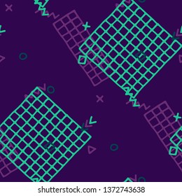 Vintage Memphis Texture. Seamless Background for Card, Banner, Cover in Trendy Style. Colorful Geometric Pattern with Hand Drawn Scribble Elements. Colorful Triangles, Rings, Zigzags and Dots.