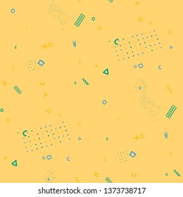 Vintage Memphis Texture. Seamless Background for Card, Print, Textile in Trendy Style. Bright Geometric Pattern with Hand Drawn Scribble Elements. Colorful Triangles, Rings, Zigzags and Dots.
