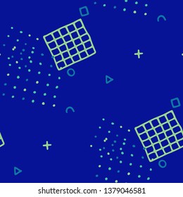 Vintage Memphis Texture. Seamless Background for Wallpaper, Fabric, Swimwear in Trendy Style. Colorful Geometric Pattern with Hand Drawn Scribble Elements. Colorful Triangles, Rings, Zigzags and Dots.