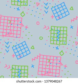 Vintage Memphis Texture. Seamless Background for Wallpaper, Fabric, Cloth in Trendy Style. Bright Geometric Pattern with Hand Drawn Scribble Elements. Colorful Triangles, Rings, Zigzags and Dots.